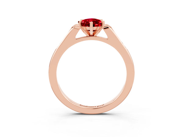 Rose gold Pear Cut Ruby Solitaire Ring with Channel Set Round Band and Prong Setting