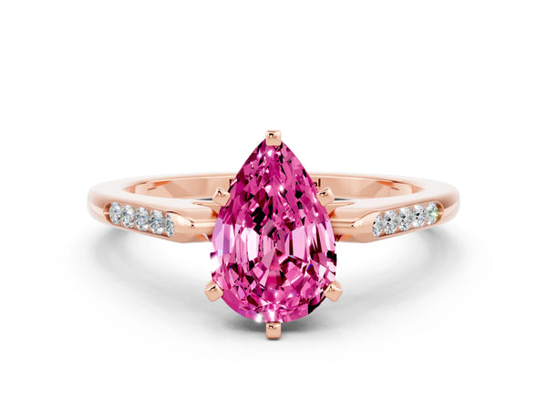 Rose gold Pear Cut Pink Sapphire Solitaire Ring with Channel Set Round Band and Prong Setting