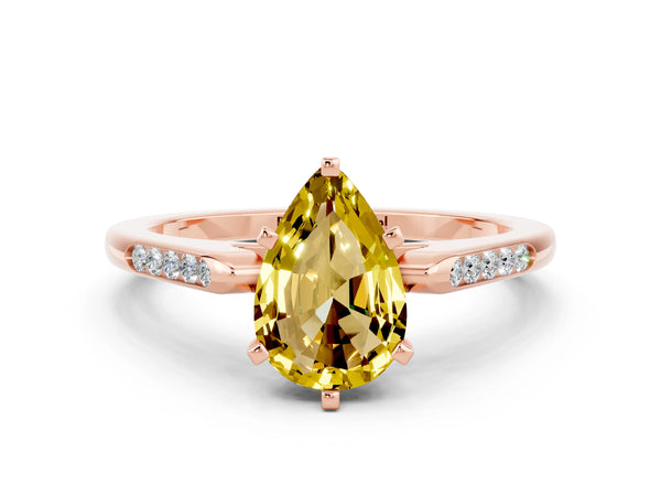 Rose gold Pear Cut Yellow Sapphire Solitaire Ring with Channel Set Round Band and Prong Setting