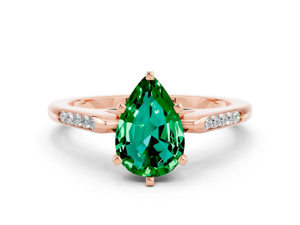 Rose gold Pear Cut Emerald Solitaire Ring with Channel Set Round Band and Prong Setting