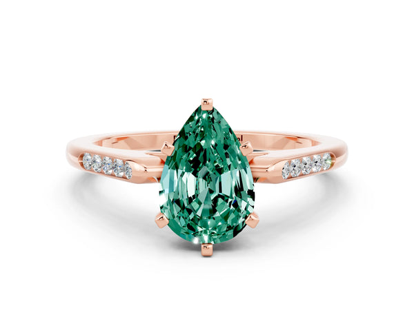 Rose gold Pear Cut Green Sapphire Solitaire Ring with Channel Set Round Band and Prong Setting
