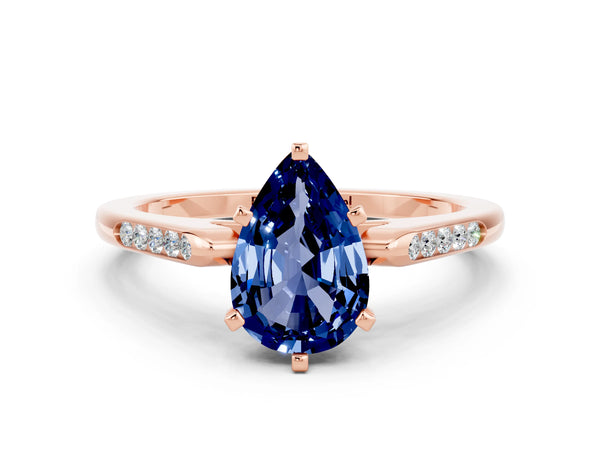 Rose gold Pear Cut Blue Sapphire Solitaire Ring with Channel Set Round Band and Prong Setting