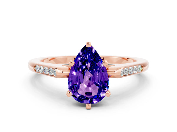 Rose gold Pear Cut Tanzanite Solitaire Ring with Channel Set Round Band and Prong Setting