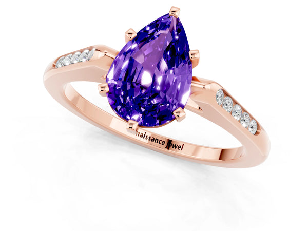 Rose gold Pear Cut Tanzanite Solitaire Ring with Channel Set Round Band and Prong Setting