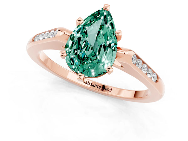Rose gold Pear Cut Green Sapphire Solitaire Ring with Channel Set Round Band and Prong Setting