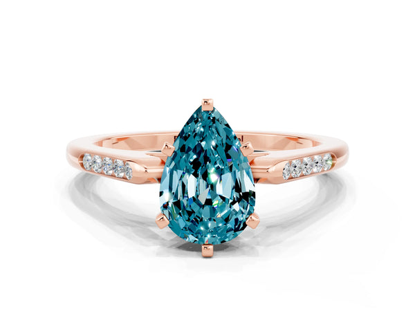 Rose gold Pear Cut Blue Topaz Solitaire Ring with Channel Set Round Band and Prong Setting