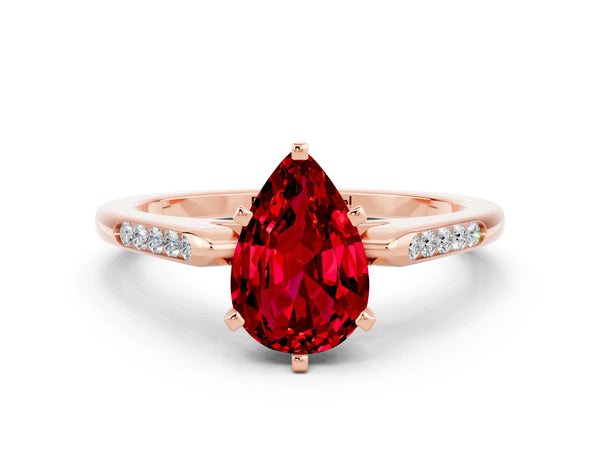 Rose gold Pear Cut Ruby Solitaire Ring with Channel Set Round Band and Prong Setting