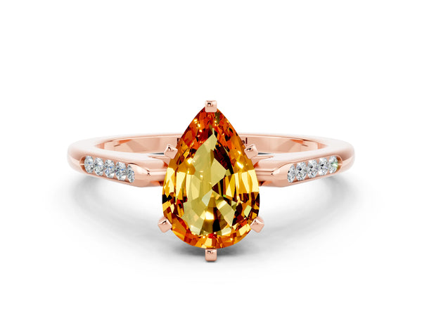 Rose gold Pear Cut Citrine Solitaire Ring with Channel Set Round Band and Prong Setting