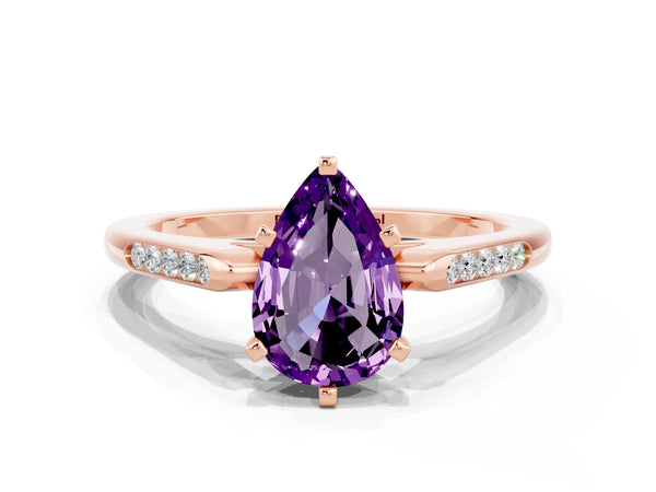 Rose gold Pear Cut Amethyst Solitaire Ring with Channel Set Round Band and Prong Setting