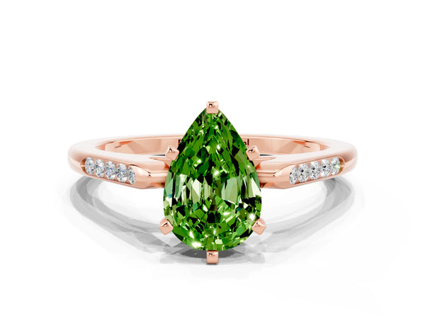 Rose gold Pear Cut Peridot Solitaire Ring with Channel Set Round Band and Prong Setting
