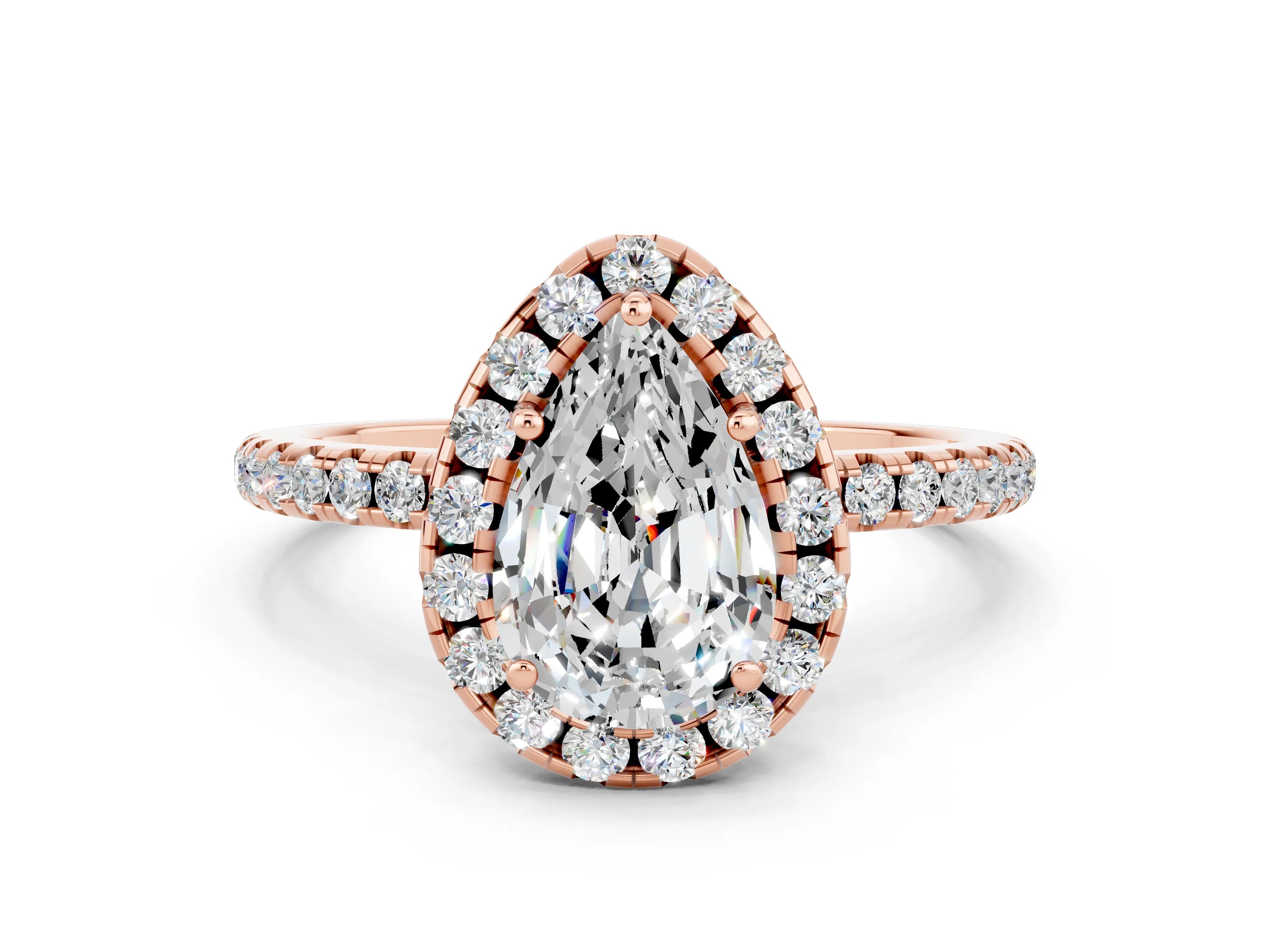 Rose gold Pear Cut Cut Diamond Floral Halo Engagement Ring with Pavé Band and Prong Setting