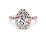 Rose gold Pear Cut Cut Diamond Floral Halo Engagement Ring with Pavé Band and Prong Setting