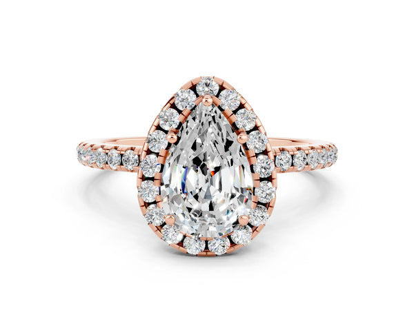 Rose gold Pear Cut Moissanite Halo Engagement Ring with Round Pavé Band and Prong Setting
