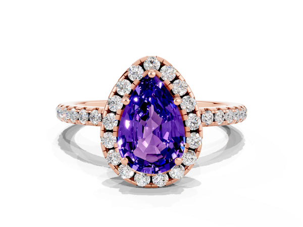 Rose gold Pear Cut Tanzanite Halo Engagement Ring with Round Pavé Band and Prong Setting