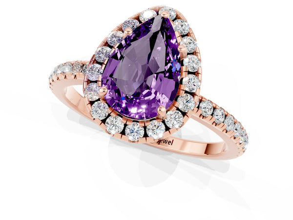 Rose gold Pear Cut Amethyst Halo Engagement Ring with Round Pavé Band and Prong Setting