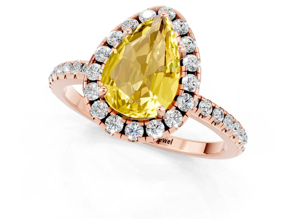 Rose gold Pear Cut Yellow Sapphire Halo Engagement Ring with Round Pavé Band and Prong Setting