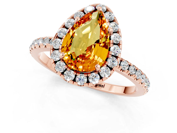 Rose gold Pear Cut Citrine Halo Engagement Ring with Round Pavé Band and Prong Setting