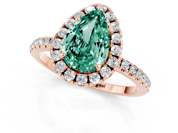 Rose gold Pear Cut Green Sapphire Halo Engagement Ring with Round Pavé Band and Prong Setting