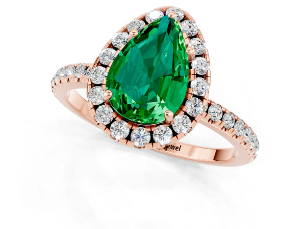 Rose gold Pear Cut Emerald Halo Engagement Ring with Round Pavé Band and Prong Setting