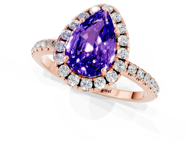 Rose gold Pear Cut Tanzanite Halo Engagement Ring with Round Pavé Band and Prong Setting