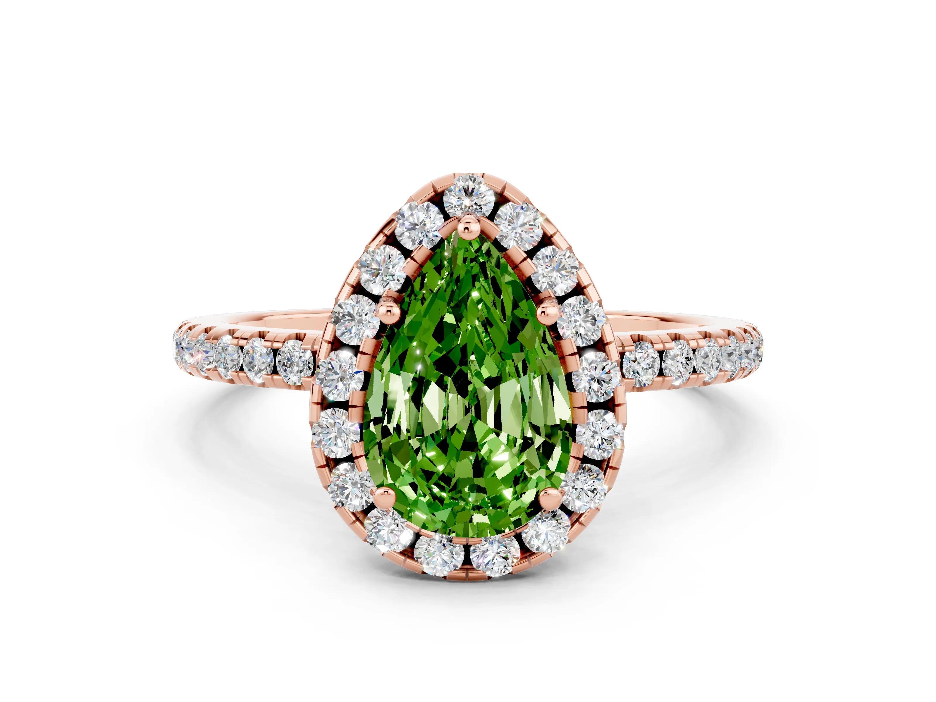 Rose gold Pear Cut Cut Diamond Floral Halo Engagement Ring with Pavé Band and Prong Setting
