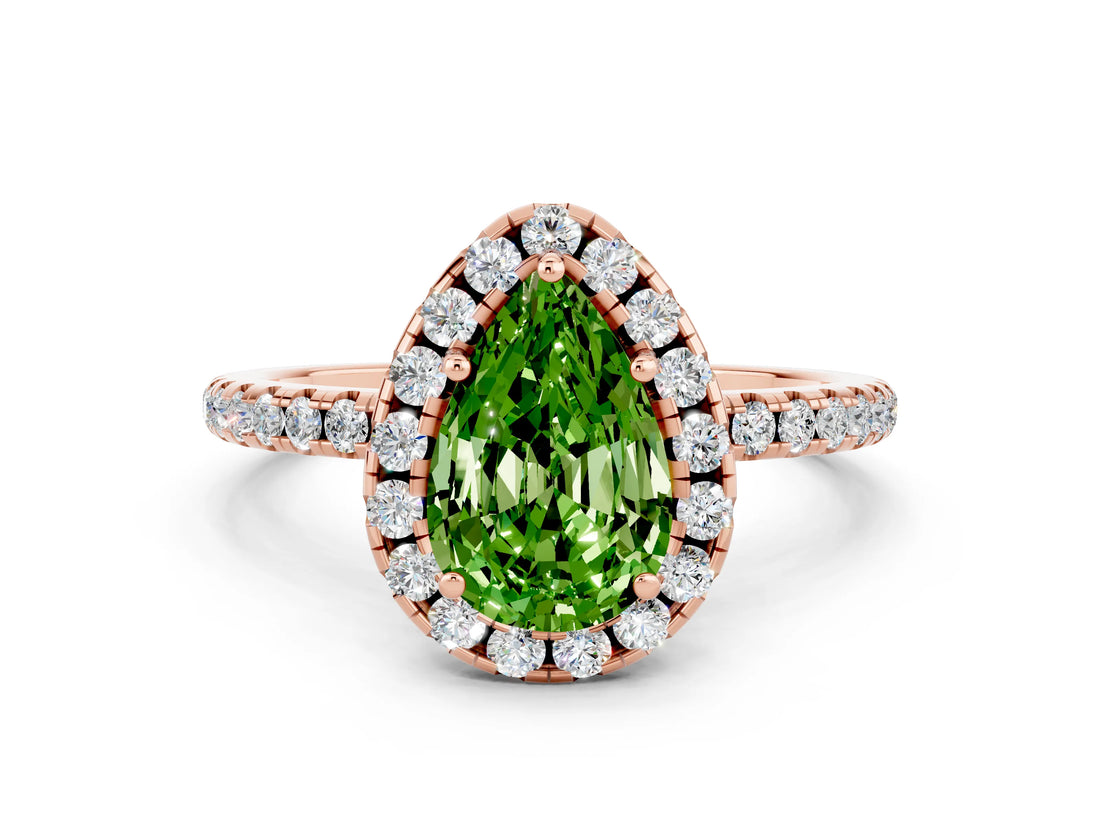 Rose gold Pear Cut Cut Diamond Floral Halo Engagement Ring with Pavé Band and Prong Setting