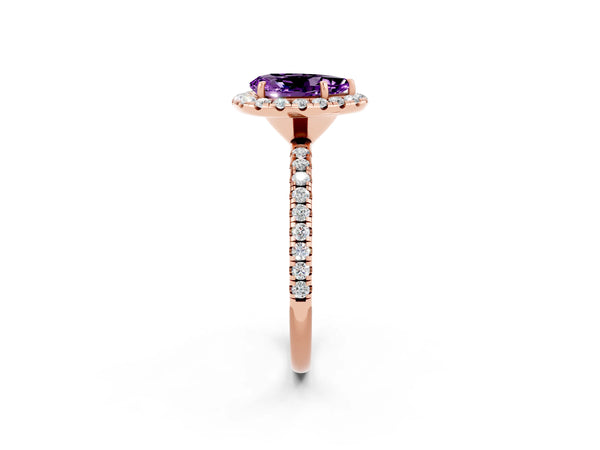 Rose gold Pear Cut Amethyst Halo Engagement Ring with Round Pavé Band and Prong Setting