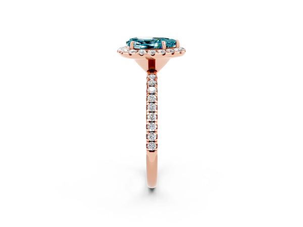 Rose gold Pear Cut Cut Diamond Floral Halo Engagement Ring with Pavé Band and Prong Setting