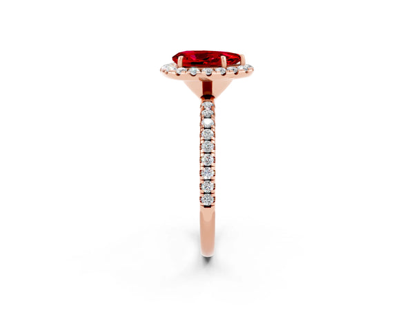 Rose gold Pear Cut Cut Diamond Floral Halo Engagement Ring with Pavé Band and Prong Setting