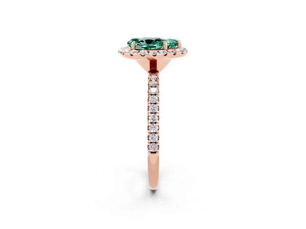 Rose gold Pear Cut Green Sapphire Halo Engagement Ring with Round Pavé Band and Prong Setting