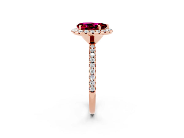 Rose gold Pear Cut Garnet Halo Engagement Ring with Round Pavé Band and Prong Setting