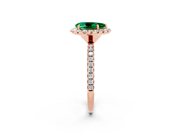 Rose gold Pear Cut Emerald Halo Engagement Ring with Round Pavé Band and Prong Setting