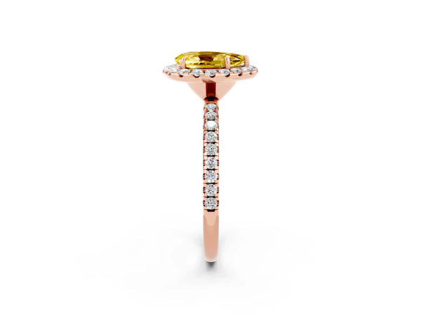 Rose gold Pear Cut Yellow Sapphire Halo Engagement Ring with Round Pavé Band and Prong Setting