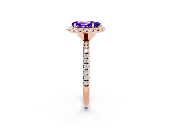 Rose gold Pear Cut Tanzanite Halo Engagement Ring with Round Pavé Band and Prong Setting
