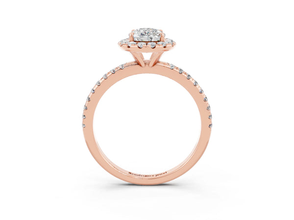 Rose gold Pear Cut Moissanite Halo Engagement Ring with Round Pavé Band and Prong Setting