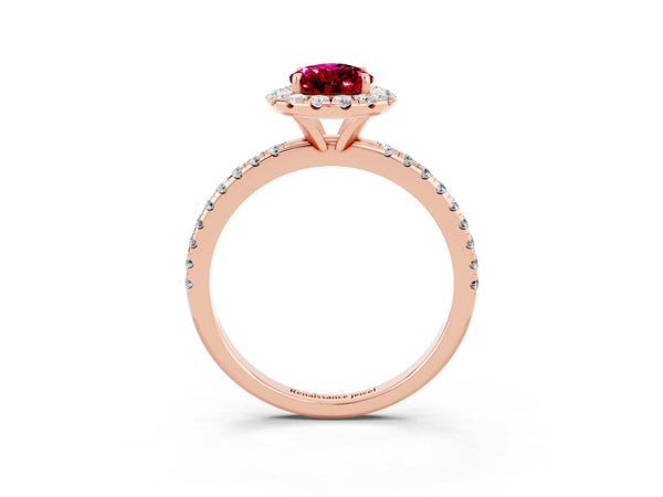 Rose gold Pear Cut Garnet Halo Engagement Ring with Round Pavé Band and Prong Setting