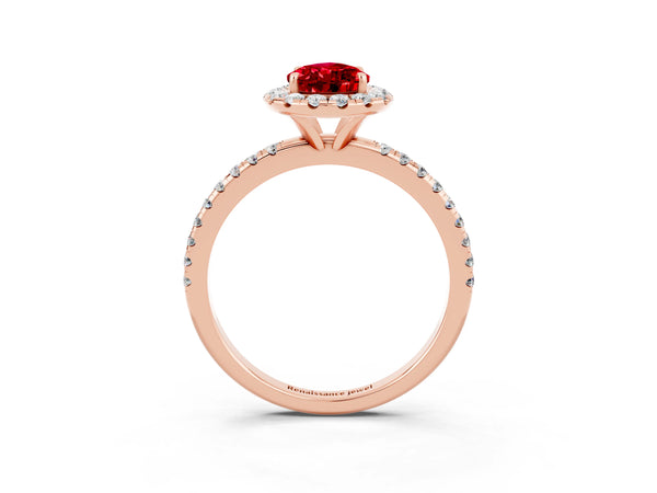 Rose gold Pear Cut Cut Diamond Floral Halo Engagement Ring with Pavé Band and Prong Setting