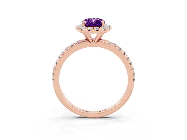 Rose gold Pear Cut Amethyst Halo Engagement Ring with Round Pavé Band and Prong Setting