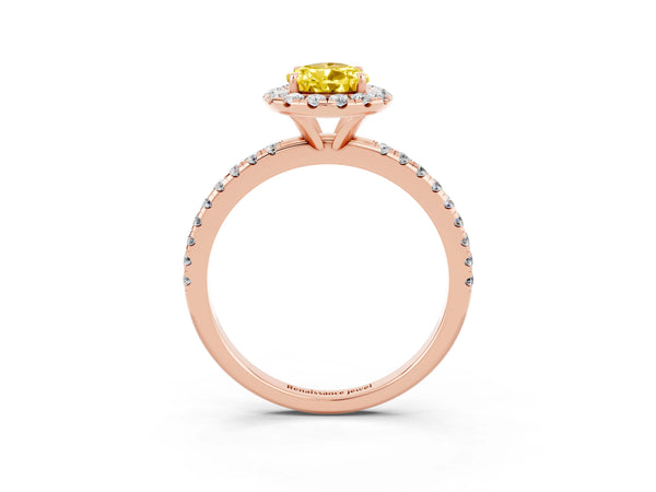 Rose gold Pear Cut Yellow Sapphire Halo Engagement Ring with Round Pavé Band and Prong Setting