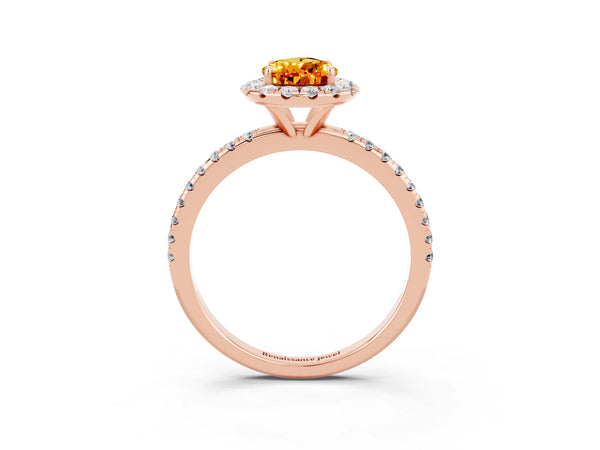 Rose gold Pear Cut Citrine Halo Engagement Ring with Round Pavé Band and Prong Setting