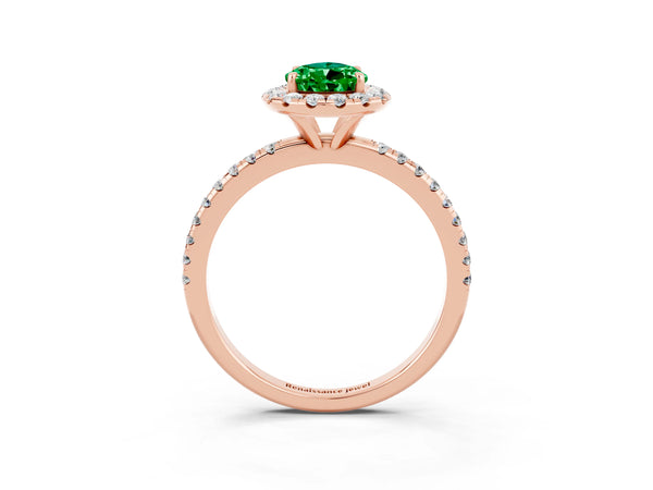 Rose gold Pear Cut Emerald Halo Engagement Ring with Round Pavé Band and Prong Setting