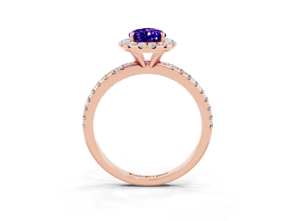 Rose gold Pear Cut Tanzanite Halo Engagement Ring with Round Pavé Band and Prong Setting