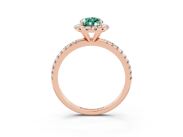 Rose gold Pear Cut Green Sapphire Halo Engagement Ring with Round Pavé Band and Prong Setting