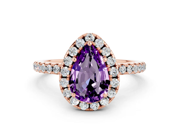 Rose gold Pear Cut Amethyst Halo Engagement Ring with Round Pavé Band and Prong Setting