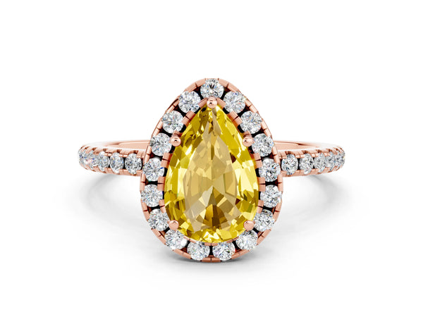 Rose gold Pear Cut Yellow Sapphire Halo Engagement Ring with Round Pavé Band and Prong Setting