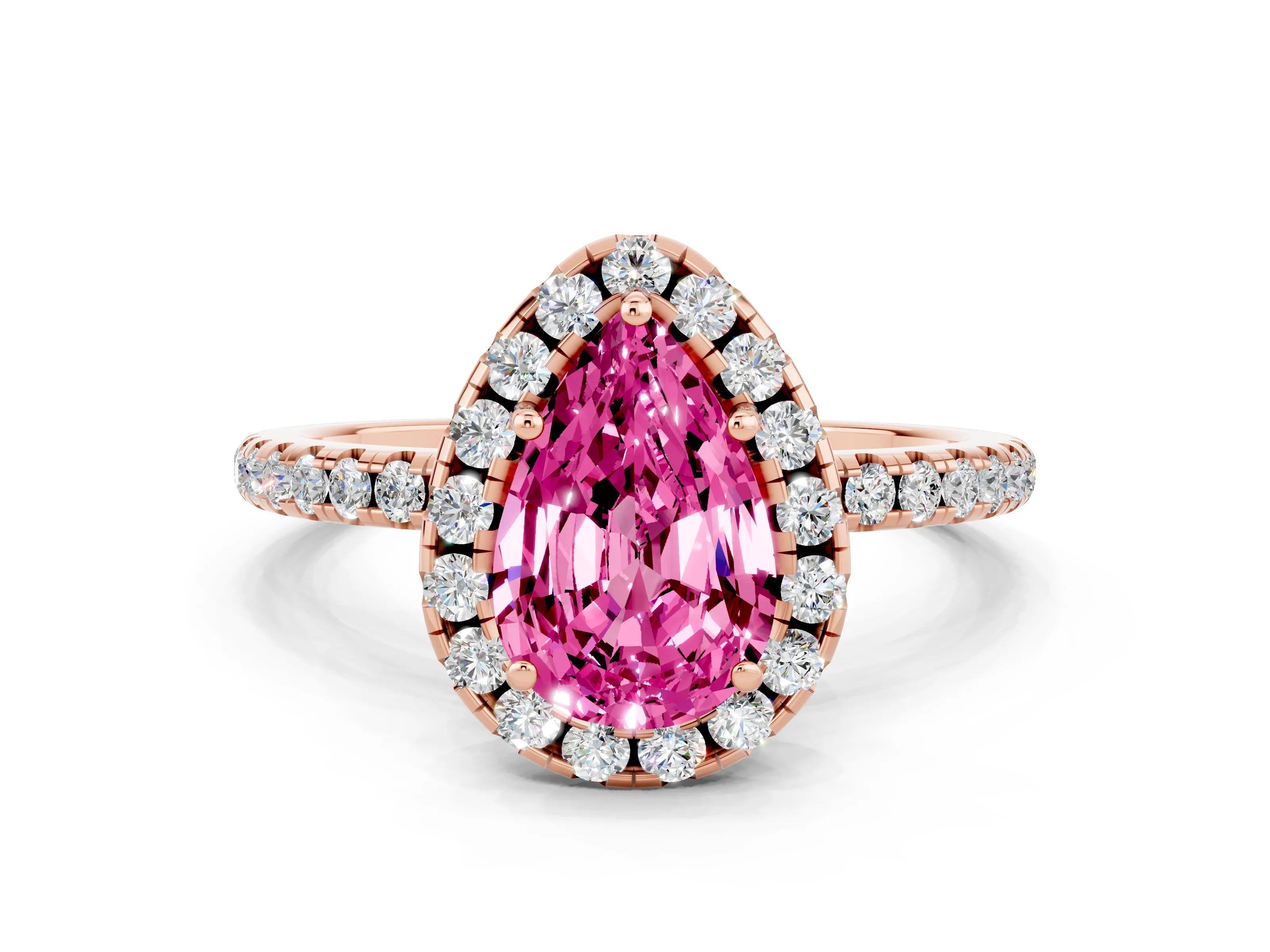 Rose gold Pear Cut Cut Diamond Floral Halo Engagement Ring with Pavé Band and Prong Setting
