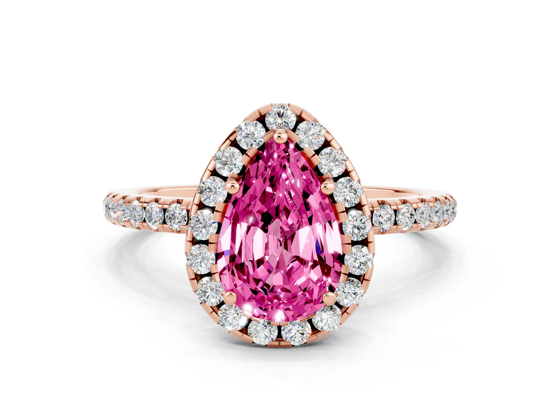 Rose gold Pear Cut Cut Diamond Floral Halo Engagement Ring with Pavé Band and Prong Setting