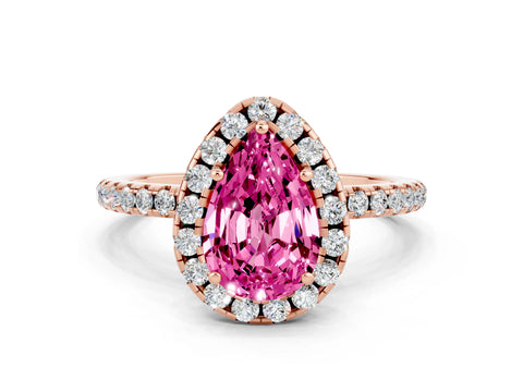 Rose gold Pear Cut Cut Diamond Floral Halo Engagement Ring with Pavé Band and Prong Setting