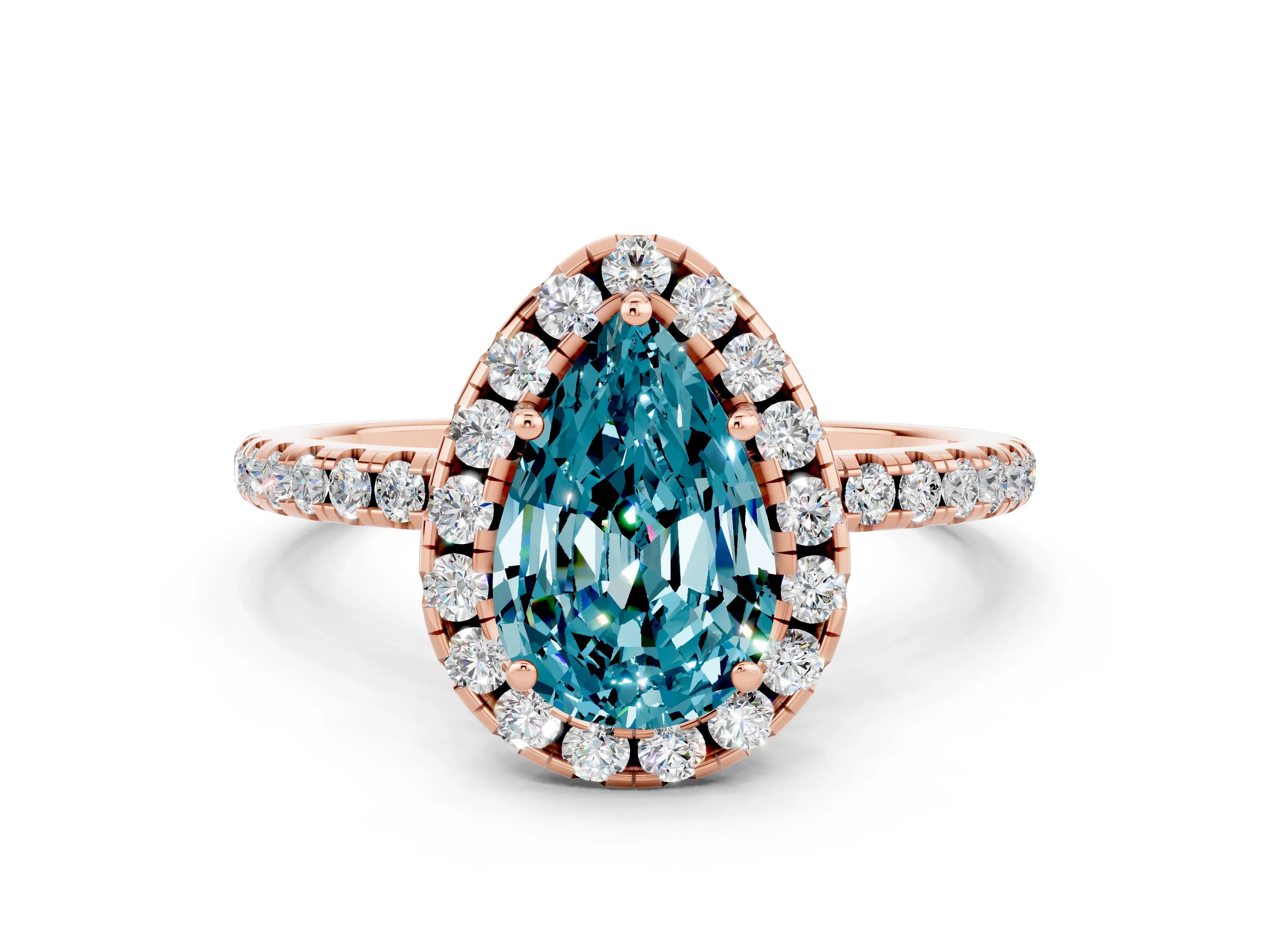 Rose gold Pear Cut Cut Diamond Floral Halo Engagement Ring with Pavé Band and Prong Setting