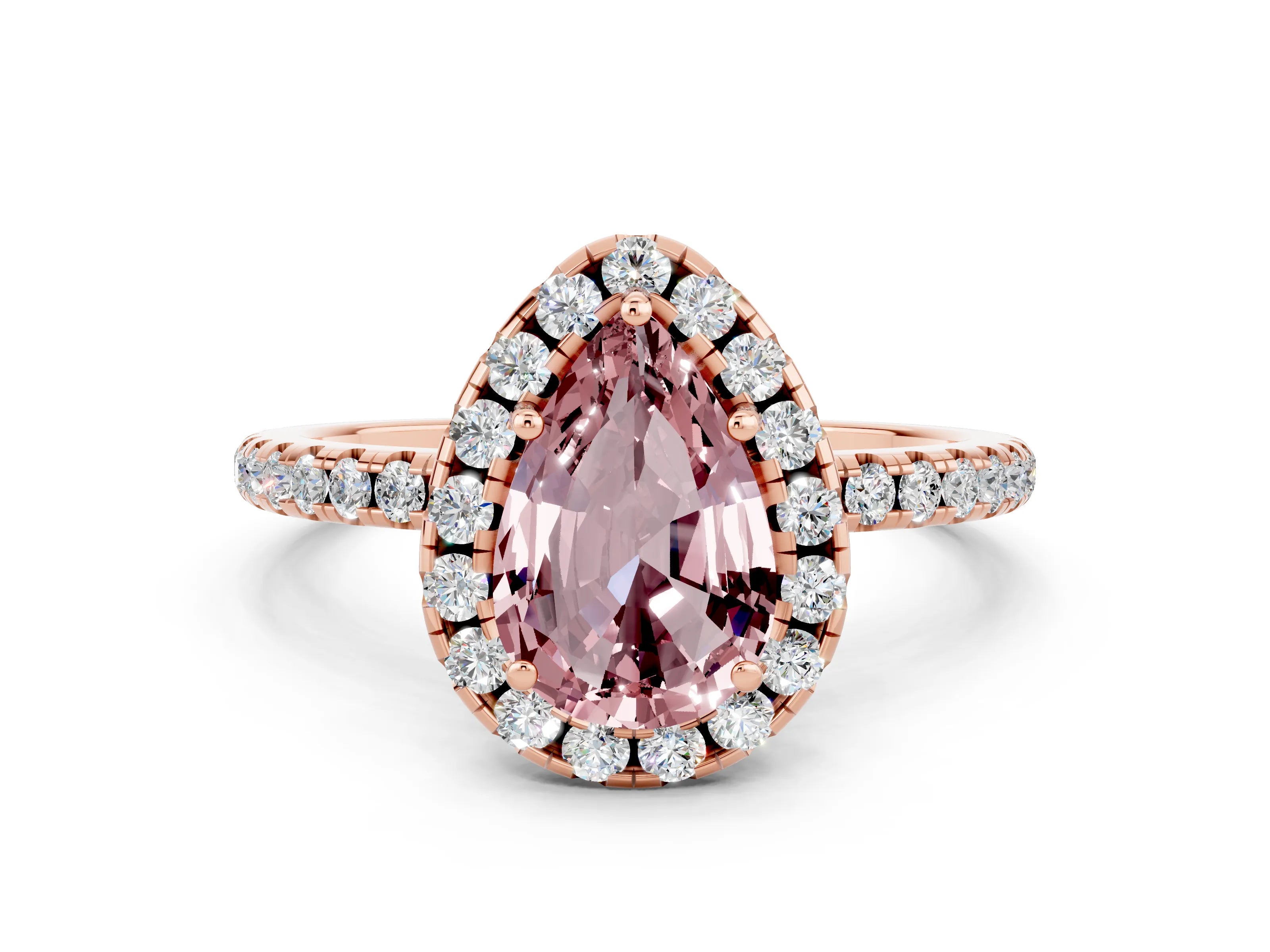 Rose gold Pear Cut Cut Diamond Floral Halo Engagement Ring with Pavé Band and Prong Setting